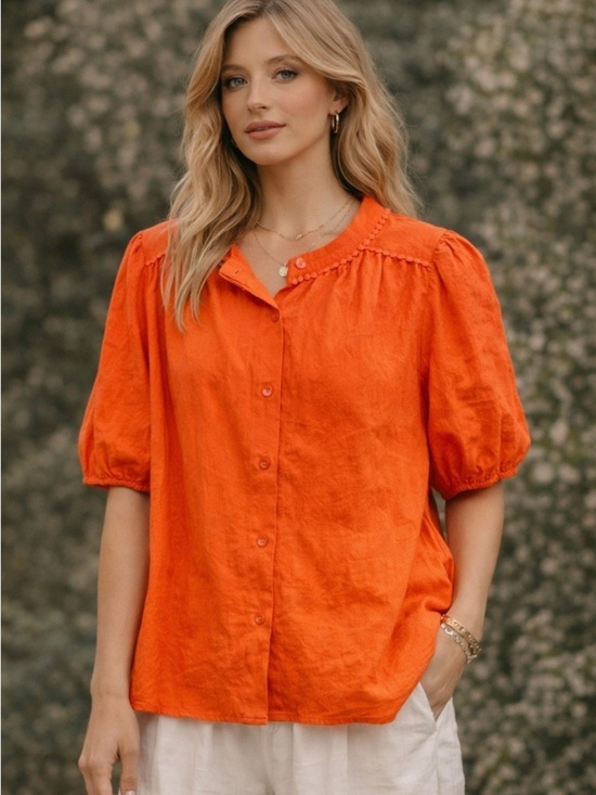 PrettyGarden Tops - PrettyGarden Orange Cotton Blouse XL Puff Sleeve Button Front Boho Top